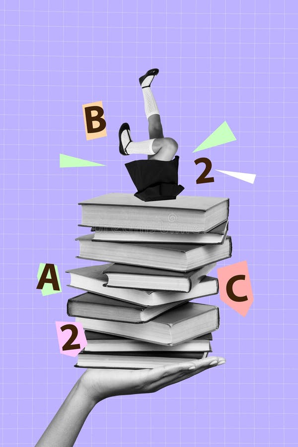 Fotocollage Trend Sketch Vorlage Kunstwerk halten riesige Stack-Bücherei halb Körper Beine Saison September Schüler vektor abbildung