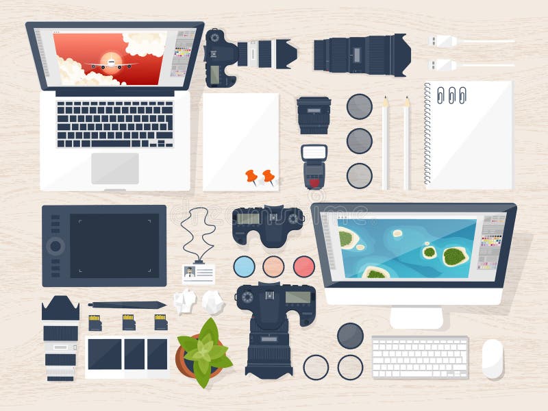 Fotografausrüstung auf einer Tabelle Fotografiewerkzeuge, redigierendes Foto, photoshooting flacher Hintergrund Digital photocame lizenzfreie abbildung Fotografausrüstung auf einer Tabelle Fotografiewerkzeuge, redigierendes Foto, photoshooting flacher Hintergrund Digital photocame lizenzfreie abbildung