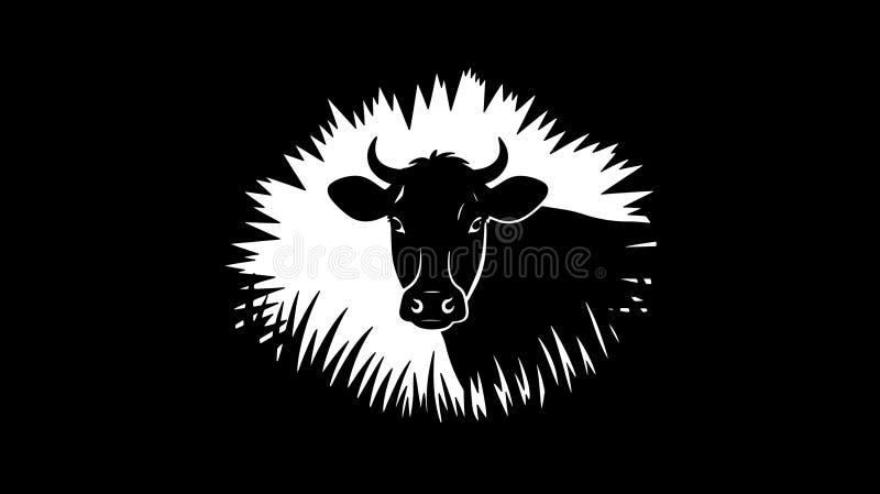 Fotografia in bianco e nero silhouettata che raffigura una mucca in un campo erboso su fondo nero illustrazione vettoriale