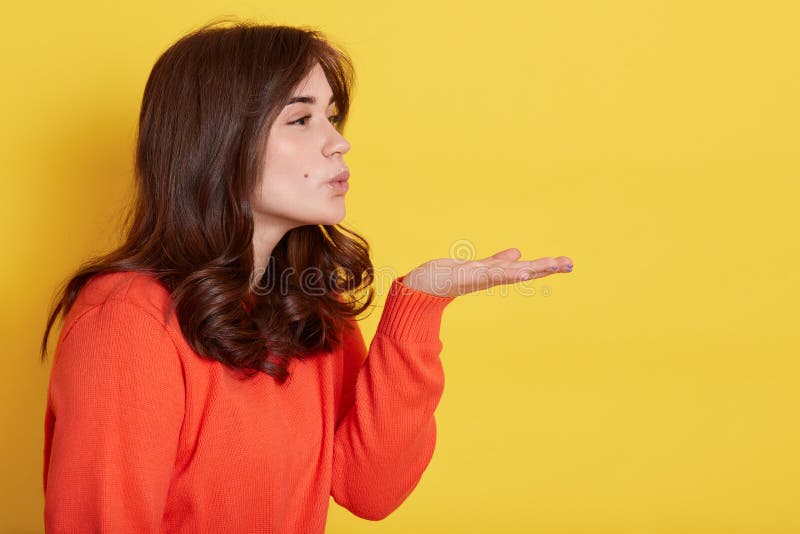 Fotografia de profil a unei femei cu părul negru atrăgătoare, cu o dispoziție de flirt, care trimite săruturi de aer, deschide un stock image