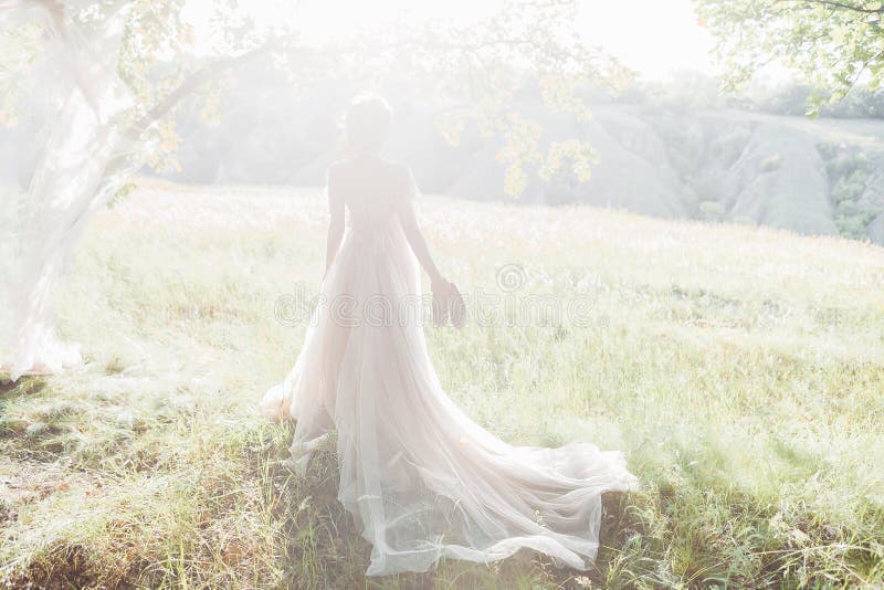 Fotografia di nozze di arti Bella sposa con le scarpe ed il vestito con il treno contro la natura del sunin fotografia stock Fotografia di nozze di arti Bella sposa con le scarpe ed il vestito con il treno contro la natura del sunin fotografia stock