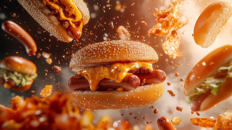 Fotografia lewitacji Burgers and Hot Dogs with Fies royalty ilustracja