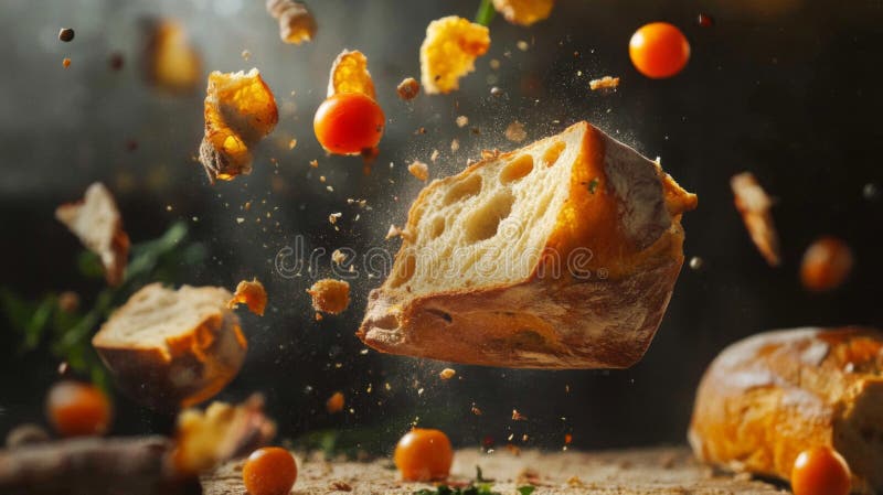 Fotografia lewitacji chleba i pomidorów ilustracji