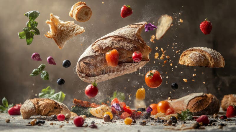 Fotografia lewitacji chleba i świeżych produktów ilustracja wektor
