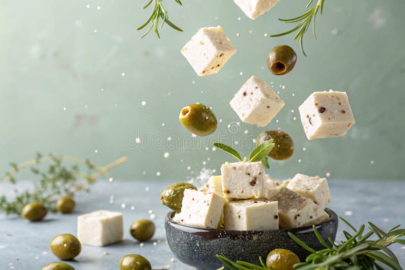 Fotografia lewitacji Feta Cheese Cubes and Olives wytwarzana przez ai royalty ilustracja