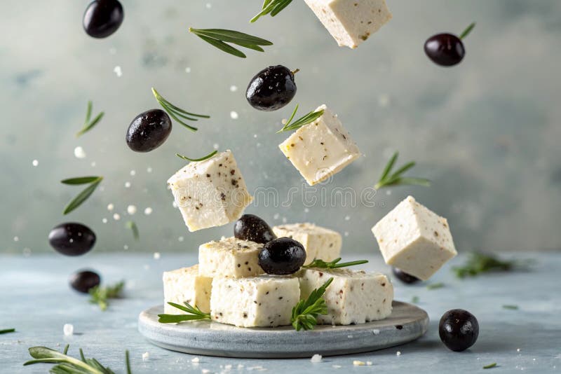 Fotografia lewitacji Feta Cheese Cubes and Olives wytwarzana przez ai ilustracja wektor