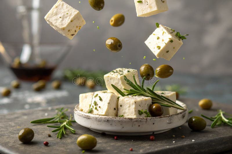 Fotografia lewitacji Feta Cheese Cubes and Olives wytwarzana przez ai ilustracja wektor