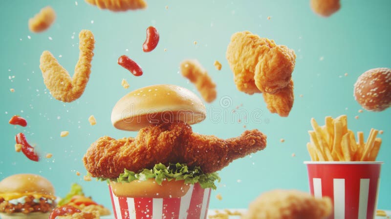 Fotografia lewitacji Fried Chicken and Burger ilustracja wektor
