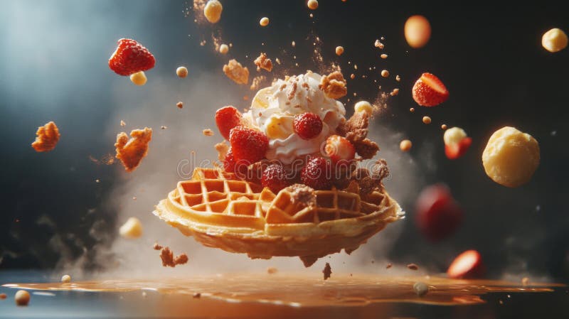 Fotografia lewitacji gofry z truskawkami i śmietanką royalty ilustracja