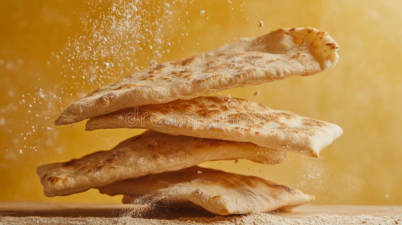 Fotografia lewitacji Golden Brown Flatbreads na żółtym tle royalty ilustracja