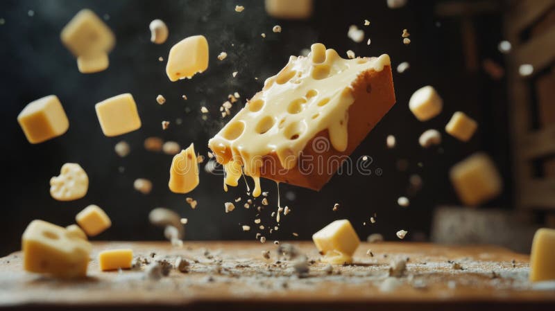 Fotografia lewitacji Melted Cheese Cubes na drewnianej płycie royalty ilustracja