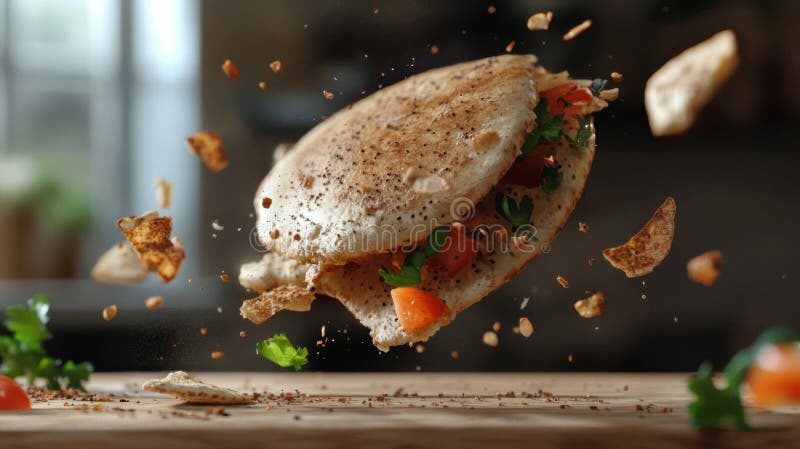 Fotografia lewitacji Pita Sandwich z pomidorami i pietruszką ilustracja wektor