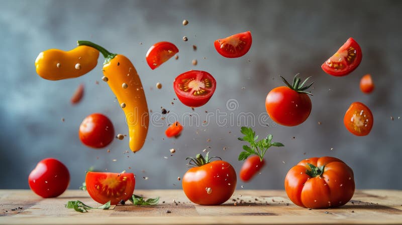 Fotografia lewitacji pomidorów i pieprzu żółtego ilustracji