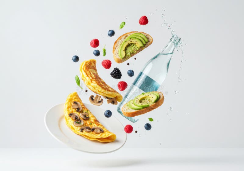 Fotografia lewitacji pysznego śniadania z Omelet i Avocado Toast ilustracji