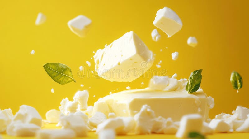 Fotografia lewitacji sera Feta na żółtym tle royalty ilustracja