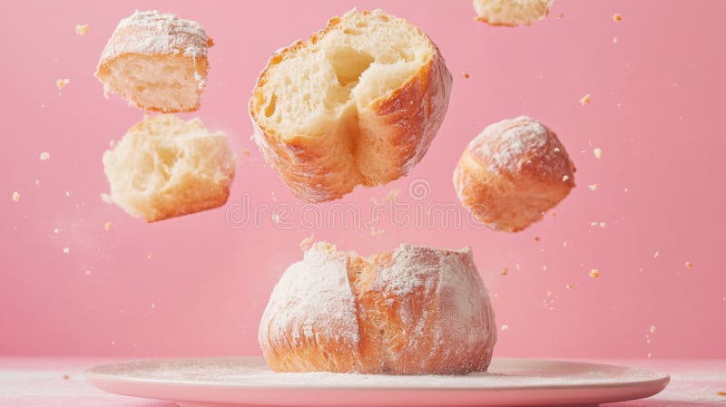 Fotografia lewitacji Sweet Golden Brown Pastries na różowym tle ilustracji