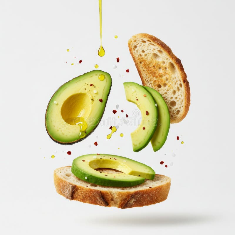 Fotografia lewitacji tostów Avocado z oliwą z oliwek i przyprawami ilustracja wektor
