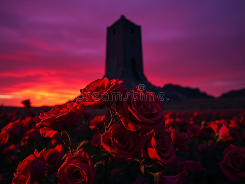 Fotografie cinematografică cu peisaj suprarealist a Turnului Întunecat din prim-plan, cu saturație profundă royalty free illustration