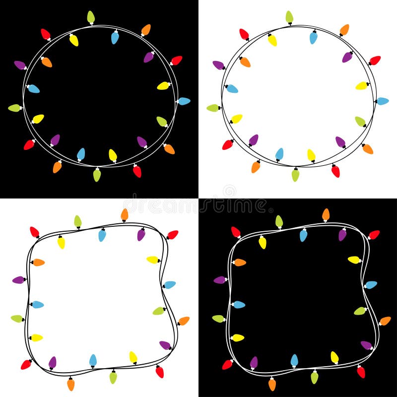 Fotografie di Natale quadrate e rotonde Set di luci di fiamma a corde colorate decorazione di xmas festivo Lampadina illustrazione di stock
