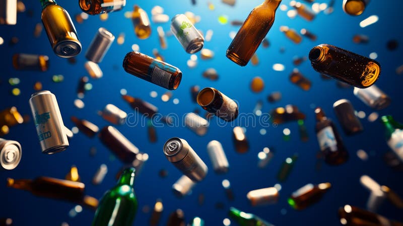 Fotografie premiată cu sticle goale zburătoare și cutii de bere pe un fond albastru închis royalty free illustration