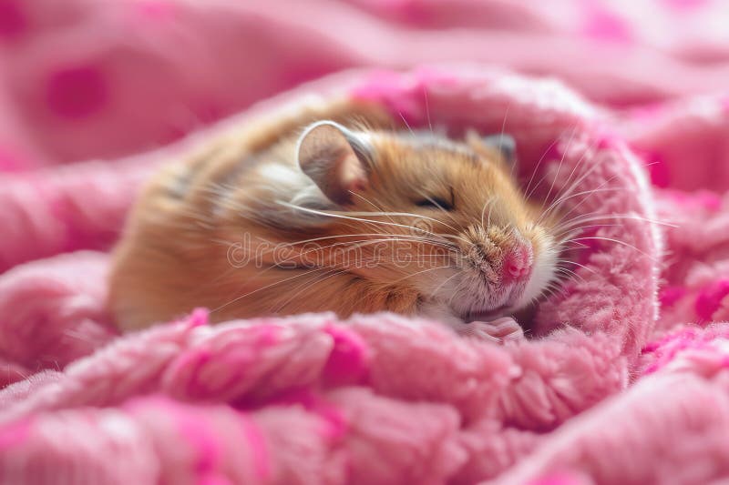Fotografie a unui hamster adorabil care doarme într-un studio de pătură roz, cu o fotografie de fond roz de înaltă rezoluție royalty free illustration