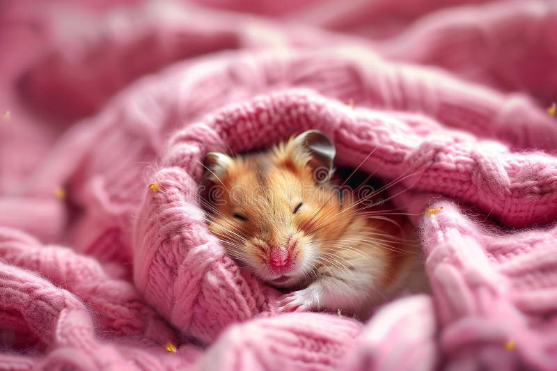 Fotografie a unui hamster adorabil care doarme într-un studio de pătură roz, cu o fotografie de fond roz de înaltă rezoluție royalty free illustration