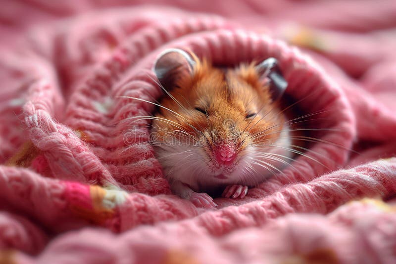 Fotografie a unui hamster adorabil care doarme într-un studio de pătură roz, cu o fotografie de fond roz de înaltă rezoluție stock illustration