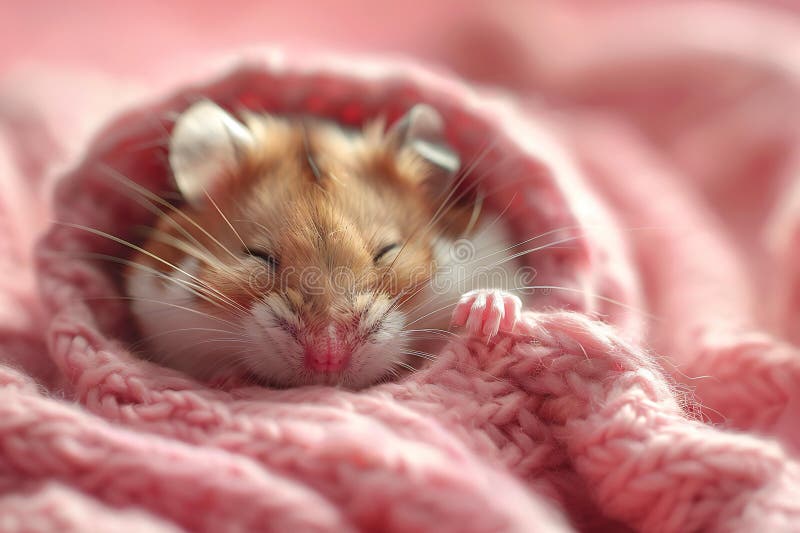 Fotografie a unui hamster adorabil care doarme într-un studio de pătură roz, cu o fotografie de fond roz de înaltă rezoluție royalty free illustration