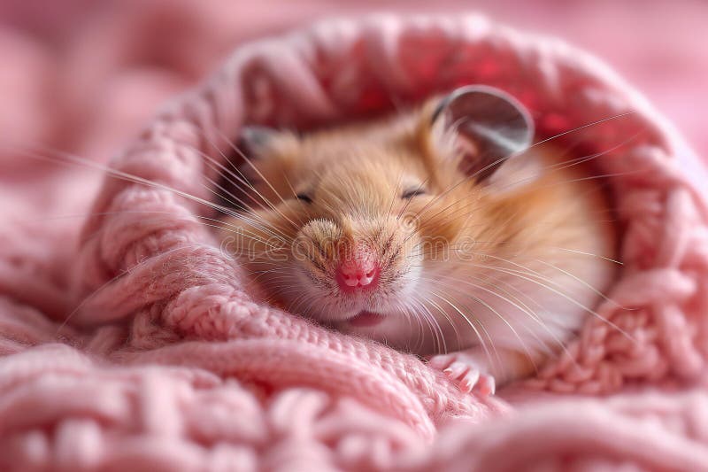 Fotografie a unui hamster adorabil care doarme într-un studio de pătură roz, cu o fotografie de fond roz de înaltă rezoluție royalty free illustration