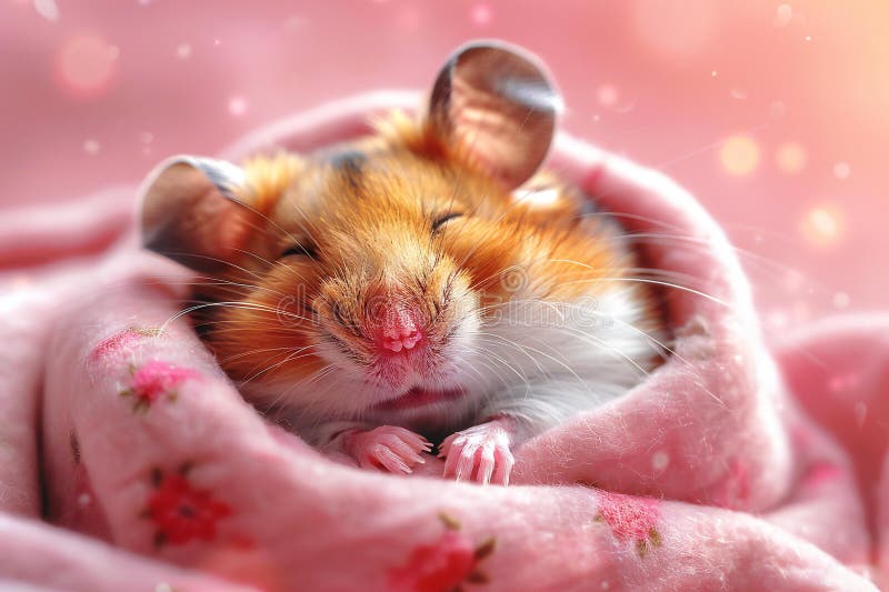 Fotografie a unui hamster adorabil care doarme într-un studio de pătură roz, cu o fotografie de fond roz de înaltă rezoluție vector illustration