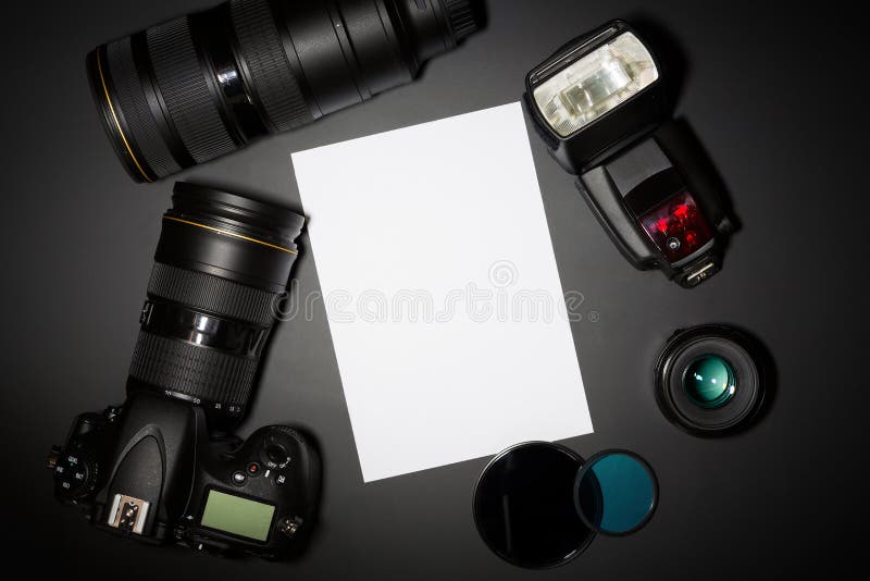 Fotografieconcept met cameralens en ruimte voor tekst stock foto