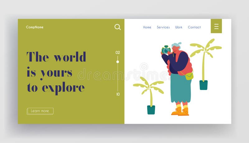 Fotografii cu un turist senior pe o cameră foto într-o pagină de aterizare cu site-ul internet al țării exotice. femeie bătrână ca royalty free illustration
