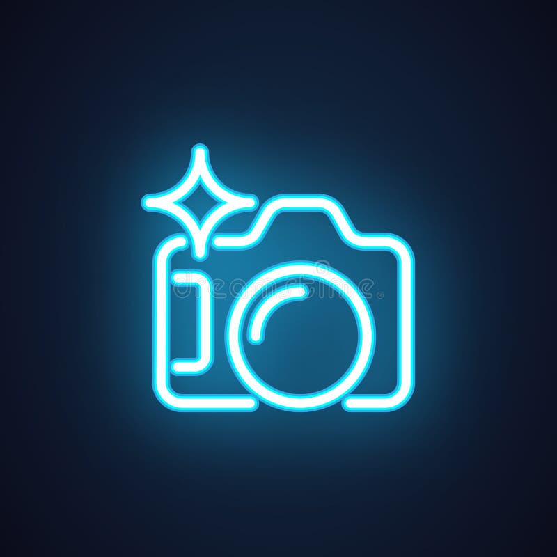 Fotografii kamery błękitna neonowa ikona Szyldowej fotografii pojęcia Pracowniana etykietka lub interfejs etykietka dla gier, str ilustracja wektor