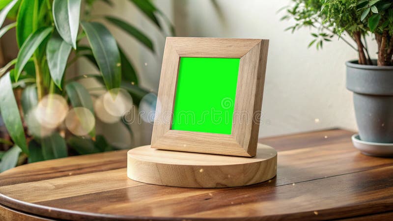 Fotograma de madera con pantalla verde sobre un podio circular de madera