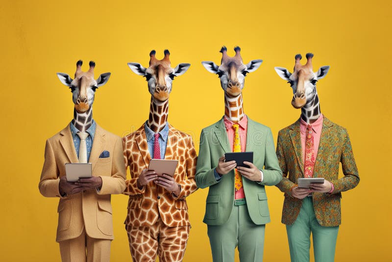 Fotoportrait der Studiogruppe von vier fünf Giraffen in leuchtend farbigen Kleidungsstücken, die mit generativer ai-Technologie er vektor abbildung