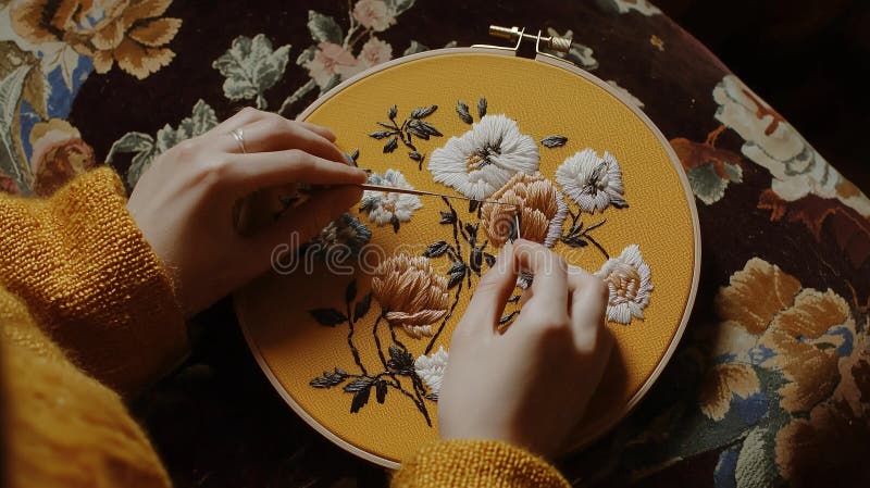 Fotorealistisk bild av en person som medlar ett flormönster på tyg med nål och färgade trådar på en vintage-broderier royaltyfri foto