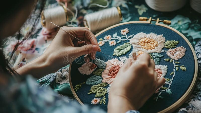 Fotorealistisk bild av en person som medlar ett flormönster på tyg med nål och färgade trådar på en vintage-broderier royaltyfri foto