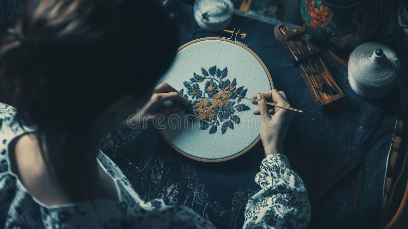 Fotorealistisk bild av en person som medlar ett flormönster på tyg med nål och färgade trådar på en vintage-broderier royaltyfria foton