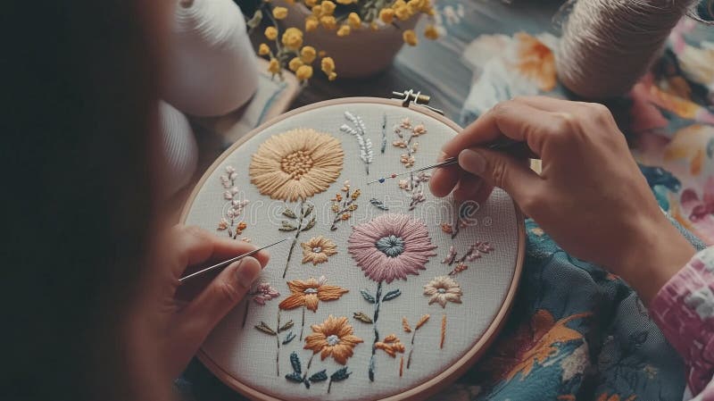 Fotorealistisk bild av en person som medlar ett flormönster på tyg med nål och färgade trådar på en vintage-broderier arkivbild