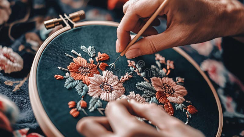 Fotorealistisk bild av en person som medlar ett flormönster på tyg med nål och färgade trådar på en vintage-broderier royaltyfri fotografi