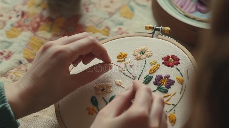 Fotorealistisk bild av en person som medlar ett flormönster på tyg med nål och färgade trådar på en vintage-broderier arkivfoton