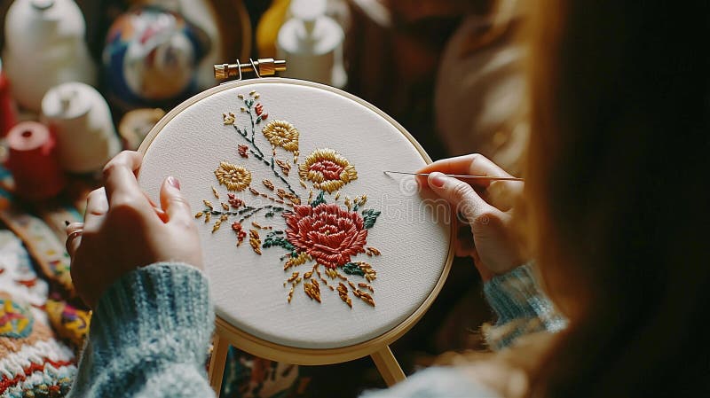 Fotorealistisk bild av en person som medlar ett flormönster på tyg med nål och färgade trådar på en vintage-broderier royaltyfri bild
