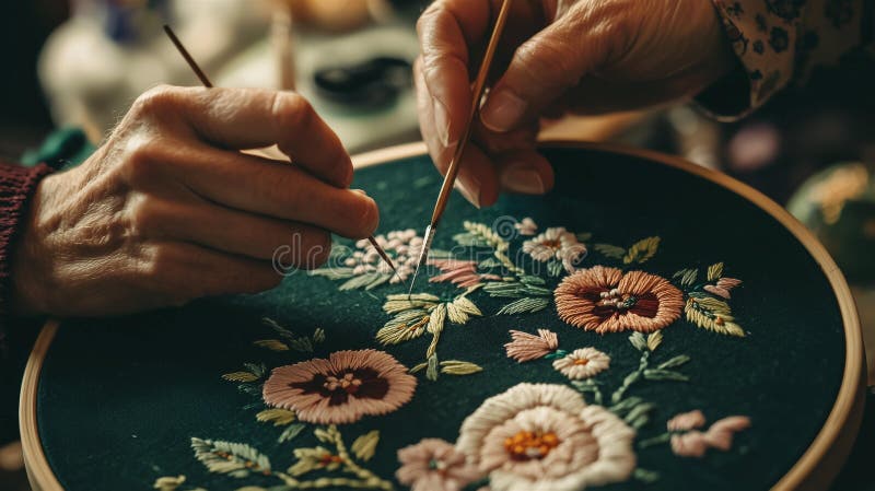 Fotorealistisk bild av en person som medlar ett flormönster på tyg med nål och färgade trådar på en vintage-broderier arkivfoto
