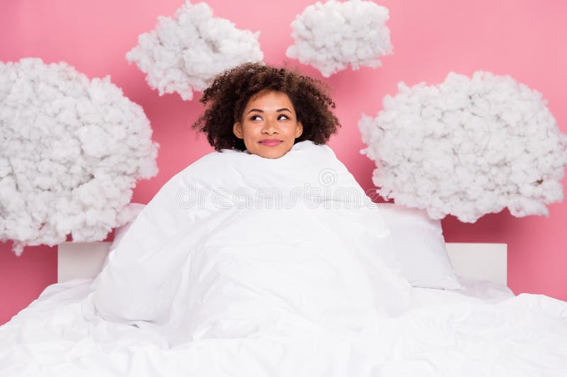 Photo of excited dreamy lady wear pajama lying bed cover blanket looking fluffy clouds isolated pink color background. Photo of excited dreamy lady wear pajama lying bed cover blanket looking fluffy clouds isolated pink color background.