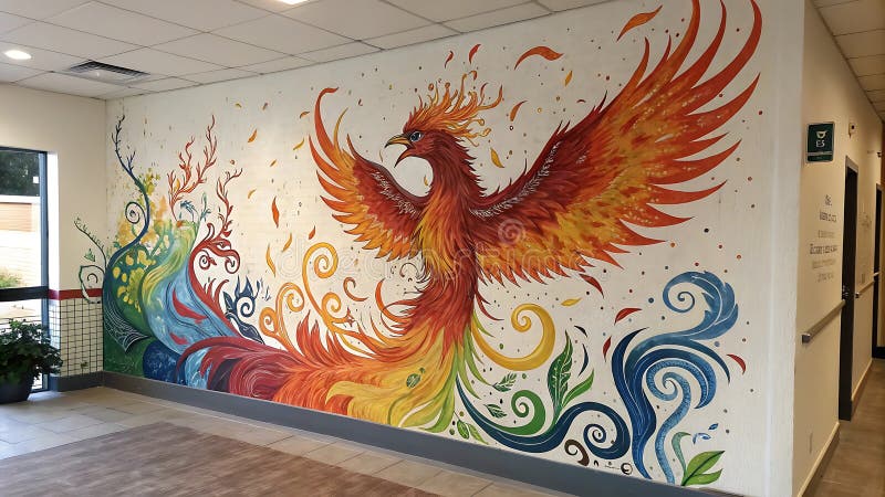 Fototapet Phoenix colorat pe un perete mitic de artă cu păsări Stoc foto Generative AI vector illustration