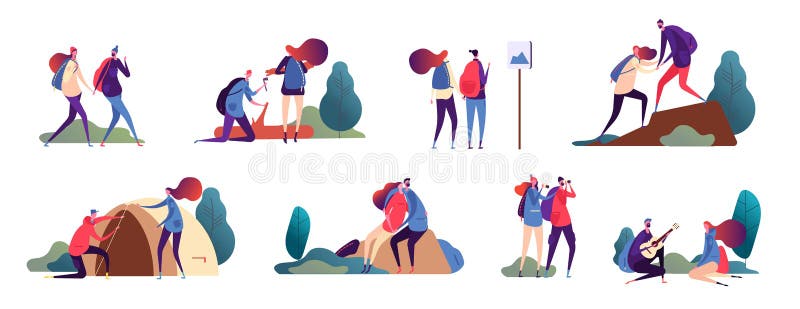 Fotvandra f? r par Man och kvinna, romantisk folkvandring Lyckliga par i utomhus- aff? rsf? retag f? r lopp och campa i natur vektor illustrationer