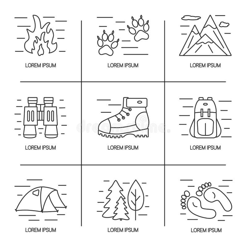 Fotvandra och lopplinje symbolsuppsättning Logodesign för utomhus- begrepp Vektorillustration med öppna banor stock illustrationer Fotvandra och lopplinje symbolsuppsättning Logodesign för utomhus- begrepp Vektorillustration med öppna banor stock illustrationer