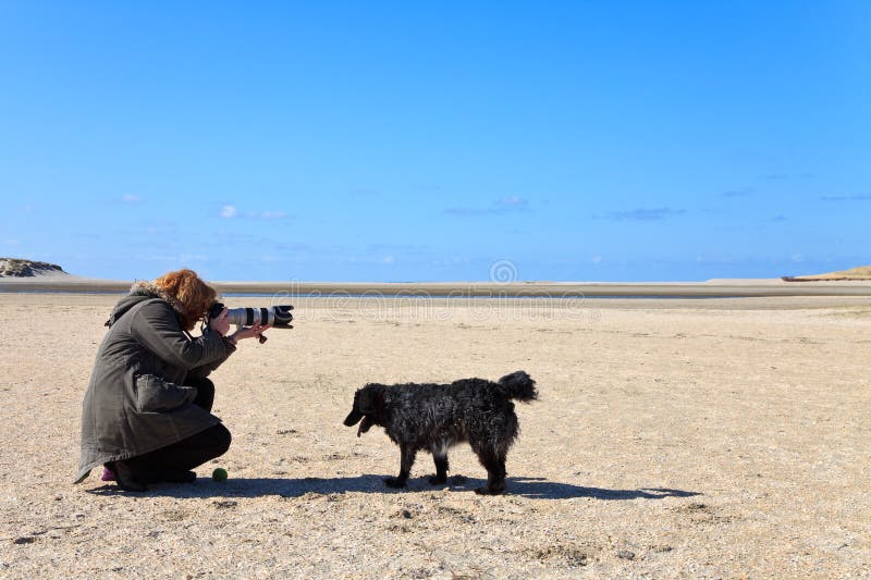 Fotógrafo da mulher nas dunas de areia na praia imagens de stock Fotógrafo da mulher nas dunas de areia na praia imagens de stock