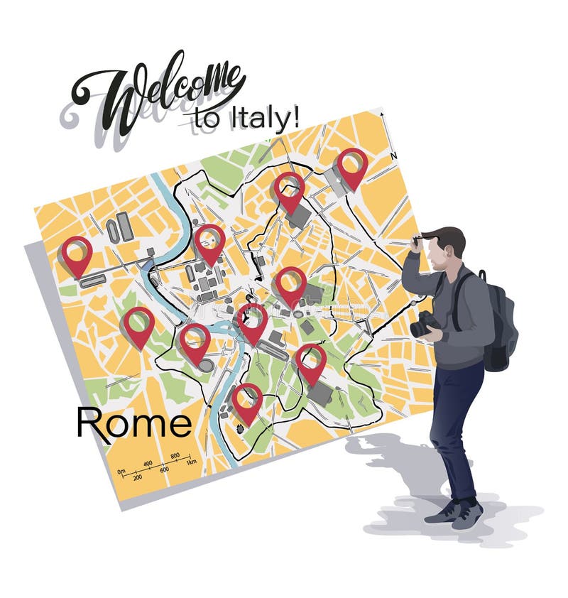 Fotógrafo do turista e mapa de Roma Boa vinda a It?lia ilustração royalty free Fotógrafo do turista e mapa de Roma Boa vinda a It?lia ilustração royalty free