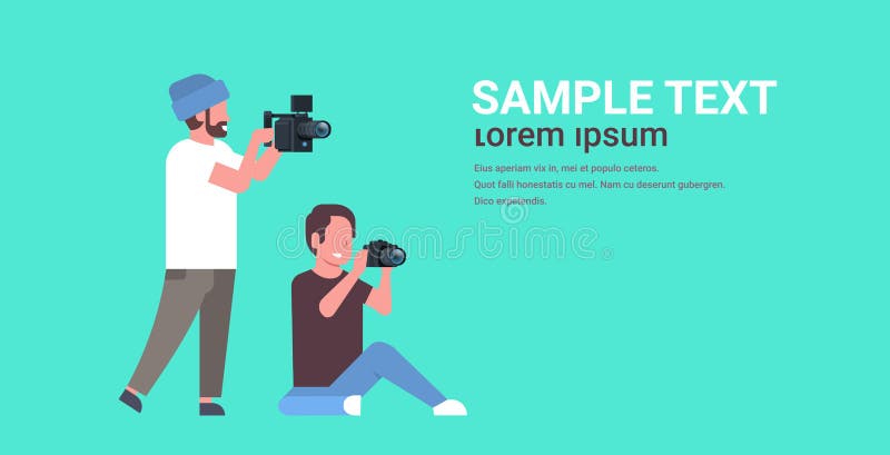 Fotógrafo y cameraman usando las cámaras que tiran las imágenes que toman video que trabajan junto el trabajo en equipo durant ilustración del vector Fotógrafo y cameraman usando las cámaras que tiran las imágenes que toman video que trabajan junto el trabajo en equipo durant ilustración del vector